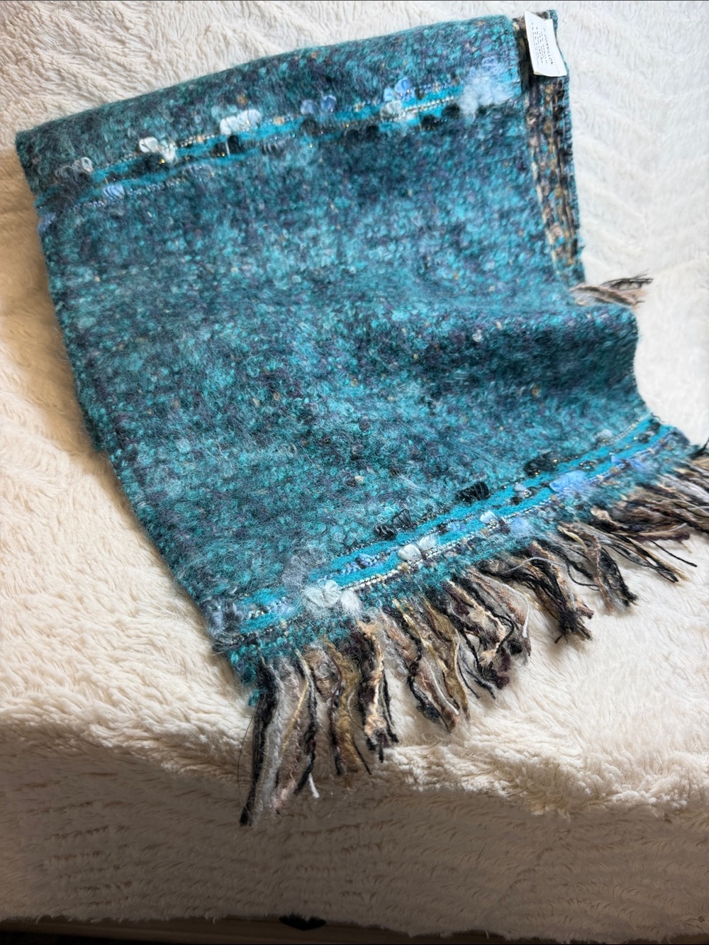 P. CORNILLON ACRYLIC /WOOL BLEND WITH MOHAIR SCARF, TEAL, FRINGE, MADE IN FRANCE